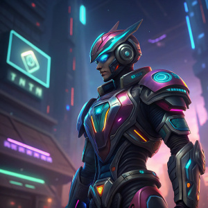 Futuristic character designs for the game Paladins, featuring Future Tech Sha Lin. High-tech aesthetic, vibrant colors, digital artwork.