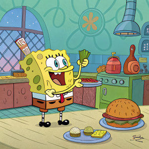 SpongeBob SquarePants munching on a Krabby Patty. He is making a funny face and gesturing with his hands. Background is the colorful and busy kitchen of the Krusty Krab.