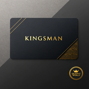 Business card design for Kingsman. Dark background with gold text. Features services offered, modern font, and small Graphic World logo at bottom right corner.