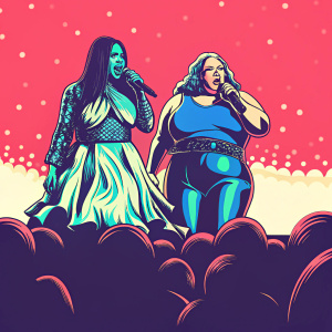 Nicki Minaj and Rebel Wilson performing a medley on a brightly lit stage at the Golden Globe Awards. Audience in the background.