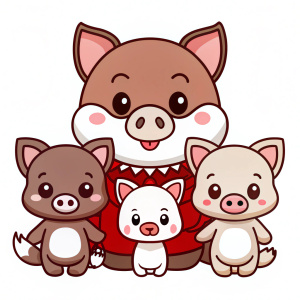 Kawaii Design of a very cute three little pigs, kawaii and baby fox, vector, no
background