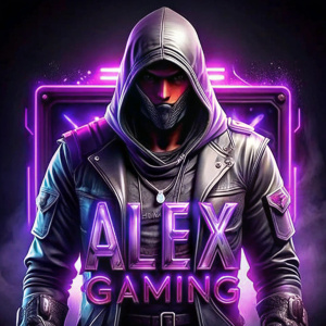 Crea un logo 3D de un encapuchado con capucha  de color negro  con un texto que dice "alex gaming" en letras grandes de neon