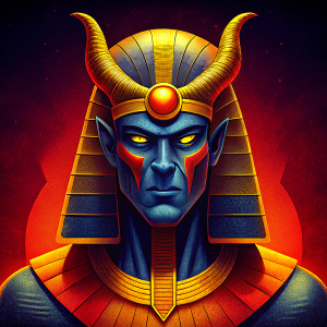Hapi Egyptian God of the Nile and fertility, a man with a potbellied belly and horns on his head, frontal close-up