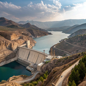 Keban Dam, a hydroelectric marvel on the Euphrates in Turkey. Located in Elazığ province. Part of Southeastern Anatolia Project. Nestled in rugged mountains, surrounded by a serene blue lake. Birds soaring overhead.