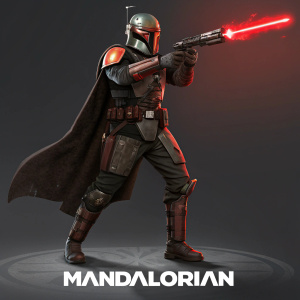 Boba Fett illustrated, wielding blaster pistol with vibrant red glow. Focus on armor and weapon details. Background is dark and minimalist. 'Mandalorian' logo at bottom of the image.