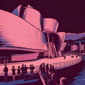 Frank Gehry's Guggenheim Museum, an architectural marvel. Its iconic titanium curves reflecting in the Nervion River. Crowds of tourists and locals alike admiring the structure.