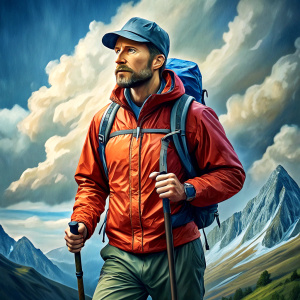 hiker in quick dry long sleeve t-shirt with rain jacket and quick dry pant with a cap with hiking poles