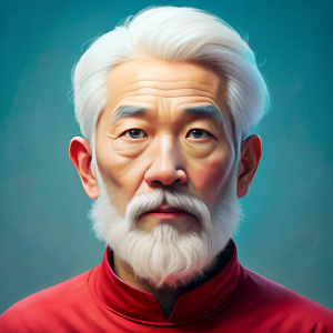 una persona oriental de 30 años con barba, y cabello blanco bien organizado y limpio, de tono de piel un poco blanco llegando a moreno, de frente, la barba y el cabello deben ser totalmente blancos, sin otros colores mas que blancos, el color de los ojos deben ser una combinacion entre el color cian, cielo y aquamarina, y debe tener un sueter de color rojo