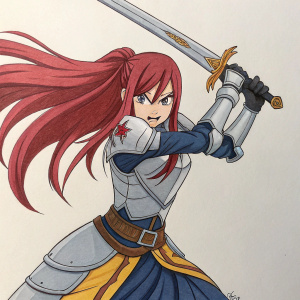 Digital art featuring Erza Scarlet, from Fairy Tail. Erza with a fierce expression, wielding a sword. Her iconic armor, fiery hair. Sketch style, vibrant colors, plain background.