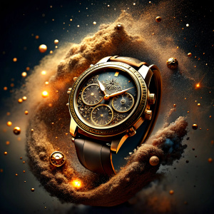 Create a captivating and lifelike representation of the Celestial Timepieces Stardust Chronograph watch. Showcase the unique feature of the dynamic, shimmering stardust particles on the dial. Emphasize the richness of the Rich Brown leather strap and the luxurious Champagne Gold case. Highlight the Charcoal Black background of the stardust particles, ensuring they create a mesmerizing and cosmic effect. Pay attention to realistic reflections, textures, and lighting to bring out the sophisticatio