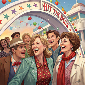 Cast members of 'Hit The Deck', including Kay Armen, I. Carrol Nash, Richard Anderson, Jane Darwell, Sonya Levien, William Ludwig, and others, posing joyfully under a vibrant archway.