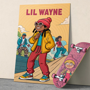 Lil Wayne's clothing line poster featuring a vibrant cartoon skateboard. Skateboarder characters in bold hues.