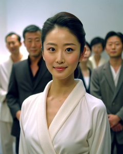 1girl, 20-year-old Korean actress Clara Lee Sung-min, with bun hair style, wearing a full white bathrobe, gallery show: 1.2, collarbone, looking at the audience, ((turbulent)), ((perfect body proportions)), ( Panorama: 1.3), beautiful and mature, wide-angle lens, grin, deep shadows, Emily Soto, <lora:DetailedEyes_xl_V2:1>, <lora:neg4all_bdsqlsz_xl_V7:1>, (super delicate oval face)), ((beautiful eyes with long eyelashes ,((real image quality)),((Leica RAW photo)),64k,((fidelity:1.2)), ((real fair