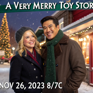 Melissa Joan Hart and Mario Lopez in cozy, snowy scene for 'A Very Merry Toy Store'. Promotional image for Lifetime TV movie. Air date: Nov 26, 2023, 8/7C