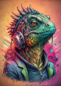 A Vector t-shirt design, vector art with black outlines, a cool iguana head wearing headset, pop art icon,
washout colors, bold dots, comic book-inspired flair,
distressed, eroded, Risograph, for t-shirt print, a no
background