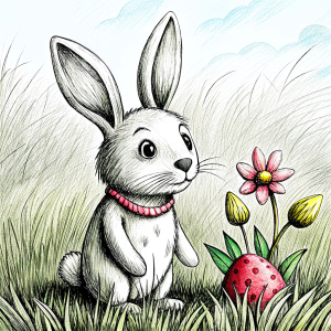 clean vector illustration for kids coloring, funny Easter bunny looking for eggs in a rural field with tall grass and flowers, one closed lines,  professionally detailed, black and white, white background