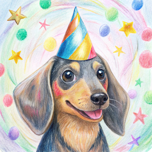crayon childrens anime happy birthday dog dachschund in party hat pastels