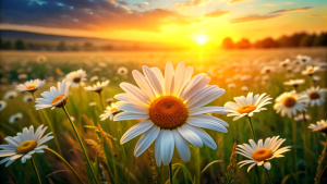 The landscape of white daisy blooms in a field, with the focus on the setting sun. The grassy meadow is blurred, creating a warm golden hour effect during sunset and sunrise time