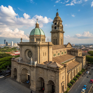 Stunning aerial view of Manila Cathedral in Intramuros, Manila, Philippines. Ornate stone structure with towering bell tower and intricate façade adorned with statues. Clear blue sky and scattered clouds provide perfect backdrop