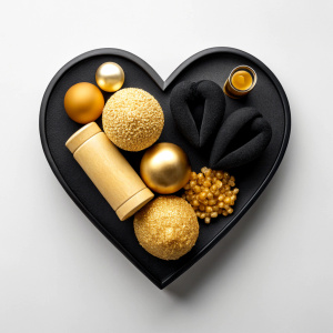 valentines day black and gold colored heart-shaped card with spa and massage supplies