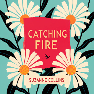 Book cover for 'Catching Fire' by Suzanne Collins. Rich red background. White daisy-like illustrations. Simple yet striking design.