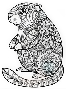 The image depicts a Beaver in a Zentangle design, filled with intricate geometric and abstract patterns like spirals, flowers, stripes, and symmetrical shapes. The monochromatic illustration features the Beaver in a relaxed pose with its tail curved upward. This artwork is ideal for coloring, allowing for personalized color choices in the detailed segments.