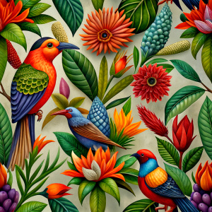 exotic orange craft paper with  purple red  birds and yellow exotic flowers 