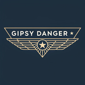 Logo featuring the text 'Gipsy Danger' alongside a sleek design of wings and a star. The logo maintains a minimalist style with uniform color scheme, focusing on bold simplicity.