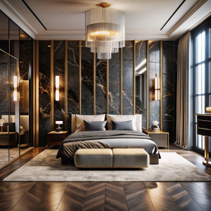 Master bedroom interior with Minotti furniture, luxury style, gold and black, marble floor