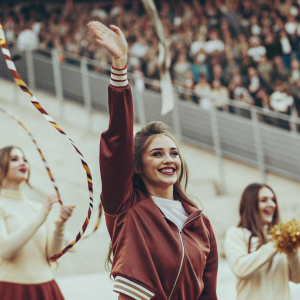 Russian rhythmic gymnast Yana Kudryavtseva celebrates victory. Cheerful pose with raised hand. Against a vibrant stadium crowd backdrop.