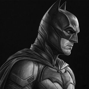 Realistic charcoal drawing of Bruce Wayne, in his Batman suit. Emphasizing facial features and muscles, set against a black background