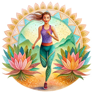 persona atletica que está corriendo con esfuerzo y alegría una colina de terreno desafiante spirituality mandalas colored art