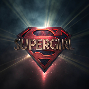 Digital art of SuperGirl logo. Dark backdrop, glowing rays, dramatic effect. Stylized 'S' emblem, bold font. Red and metallic tones