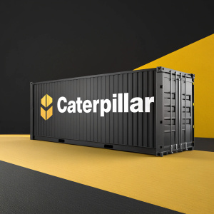 Caterpillar logo on a sleek, modern black and yellow gradient background. Minimalistic design featuring bold sans-serif font and small abstract symbol.