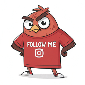 Cartoony mascot with an irate face. Wears a red T-shirt that reads 'Follow Me' with Instagram logo beneath.