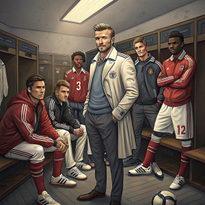 David Beckham and teammates posing in a locker room. Multi-ethnic group, diverse attire.