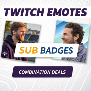 Marketing brochure showcasing pricing for Twitch Emotes and Sub Badges. Individual costs and affiliate packages highlighted. Combination deals featured.