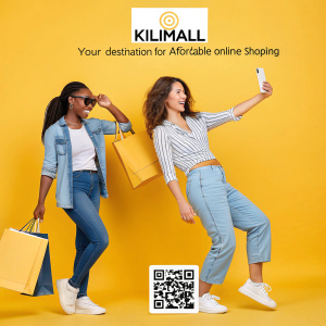 Eye-catching ad for Kilimall, an e-commerce site. Bright yellow background. Styled outfits, including jeans, t-shirts, and bags. QR code and text 'Kilimall - Your Destination for Affordable Online Shopping'. Pickup station highlighted.