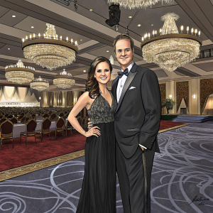 Danica McKellar and Scott Sveslosky at the awards show. The duo are dressed in formal attire. Danica in a elegant black dress. Scott in a tailored suit. The setting is a grand ballroom with chandeliers.