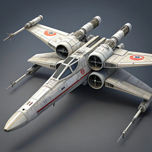 Concept art of a white X-Wing fighter jet. Futuristic design with multiple engines and sleek aerodynamic shape. The wings extend from the main body, each equipped with engines and additional components. The craft features a pointed nose and wide wingspan.