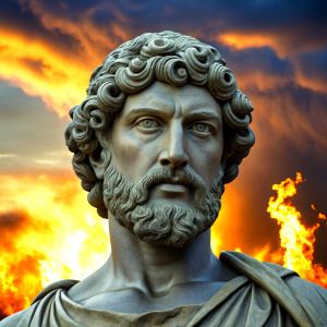 create me an ebook cover on Stoicism, for quotations, balck a greek style marble statue of Marcus Aurelius, twilight, eclipse, rushing fire, stoicism