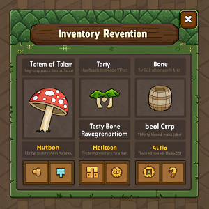 Minecraft Dungeons inventory screen. Features items like the Totem of Regeneration, Tasty Bone, Death Cap Mushroom, and a random artifact. Loot level 35-45. Earthy tones of brown, green, and grey dominate the UI design.