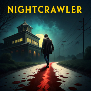 Movie poster for Nightcrawler. Dark, sleek design with the title in bold yellow letters. Central image featuring a trail of crimson blood-like substance.