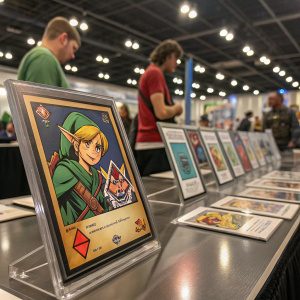 An assortment of Legend of Zelda: Ocarina of Time trading cards displayed on a shiny metal table at a gaming convention.