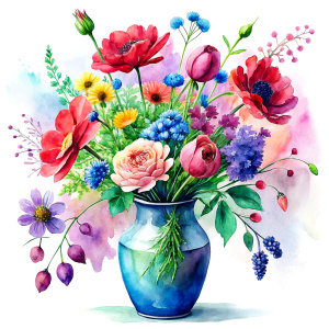 a WATERCOLOR IMAGE , VIEUX PARIS romantic decor hand paint floral Vase THERE ARE IN THE VASE : watercolor red WILD FLOWERS ,GREEN WEEDS ,burgundy PEONIE ,NAVY BLUE Bougainvillea, PURPLE dandelion ,WHITE geranium,yellow Narcissus, ochre crocusES ,navy blue daffodil ,cream roses ,amaranth Damarion s, red tulips , freesia ,sienna orange lavender Common Crape Myrtle ,Watsonia ,tritoma.carmine Chandramallika, burgundy VIOLETS ,SEPHIA SISYMBRIUM,CREAM CHAMOMILE , teracotta bluebell flowe,White Frangip