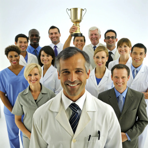 There is a group of doctors standing. In the foreground, a doctor holds a winner's cup in his hands.