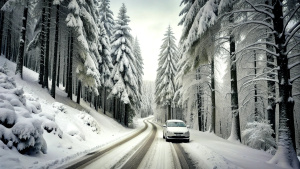 Car on snow road. 