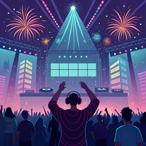 Epic New Year's Eve celebration at Neon Nights Club. Featuring DJ sets from renowned artists spinning house, techno, and hip-hop. Crowds of eager partygoers fill the dance floor under vibrant neon lights.