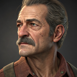 A 3D render of Victor Sullivan from the Uncharted series. Middle-aged Caucasian man with a mustache. Close-up on his face showing detailed aging features from various angles.