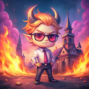 lucifer chibi con cuernos con camisa y corbata, gafas de sol  oscuras. esta serio. con una iglesia en llamas, cabello castaño